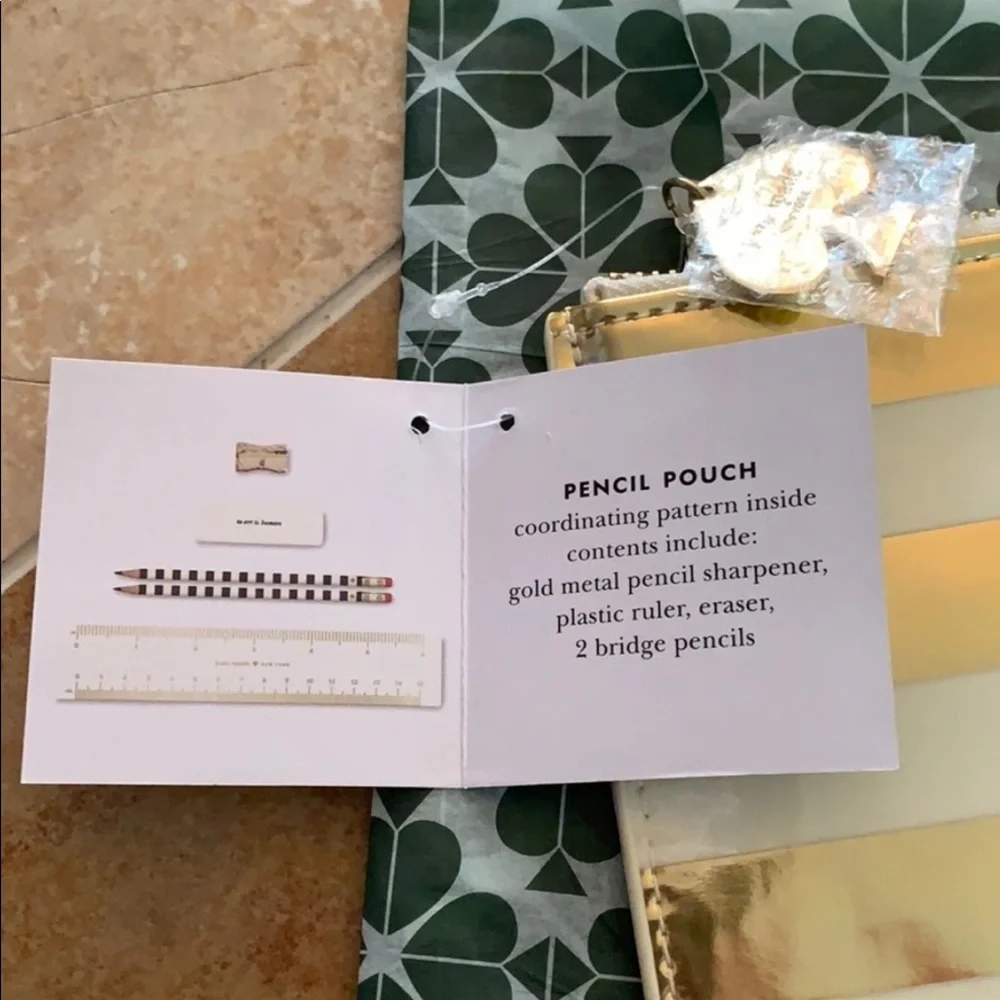 Kate Spade Gold Stripe 6 Piece Pencil Pouch / Case Set.